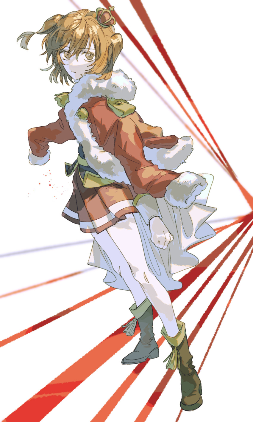 173_mkt, 1girl, abstract_background, absurdres, aijou_karen, ankle_boots, arm_at_side, belt, blue_jacket, boots, brown_boots, brown_eyes, brown_hair, cape, clenched_hand, closed_mouth, commentary, crown, english_commentary, expressionless, floating_clothes, from_side, full_body, hair_between_eyes, highres, jacket, leaning_forward, long_sleeves, looking_at_viewer, mini_crown, pleated_skirt, red_background, red_jacket, red_skirt, short_hair, short_twintails, shoujo_kageki_revue_starlight, shoulder_boards, single_horizontal_stripe, skirt, solo, standing, tassel, twintails, waist_cape, white_background, white_cape, white_sleeve_cuffs, yellow_belt, yellow_trim