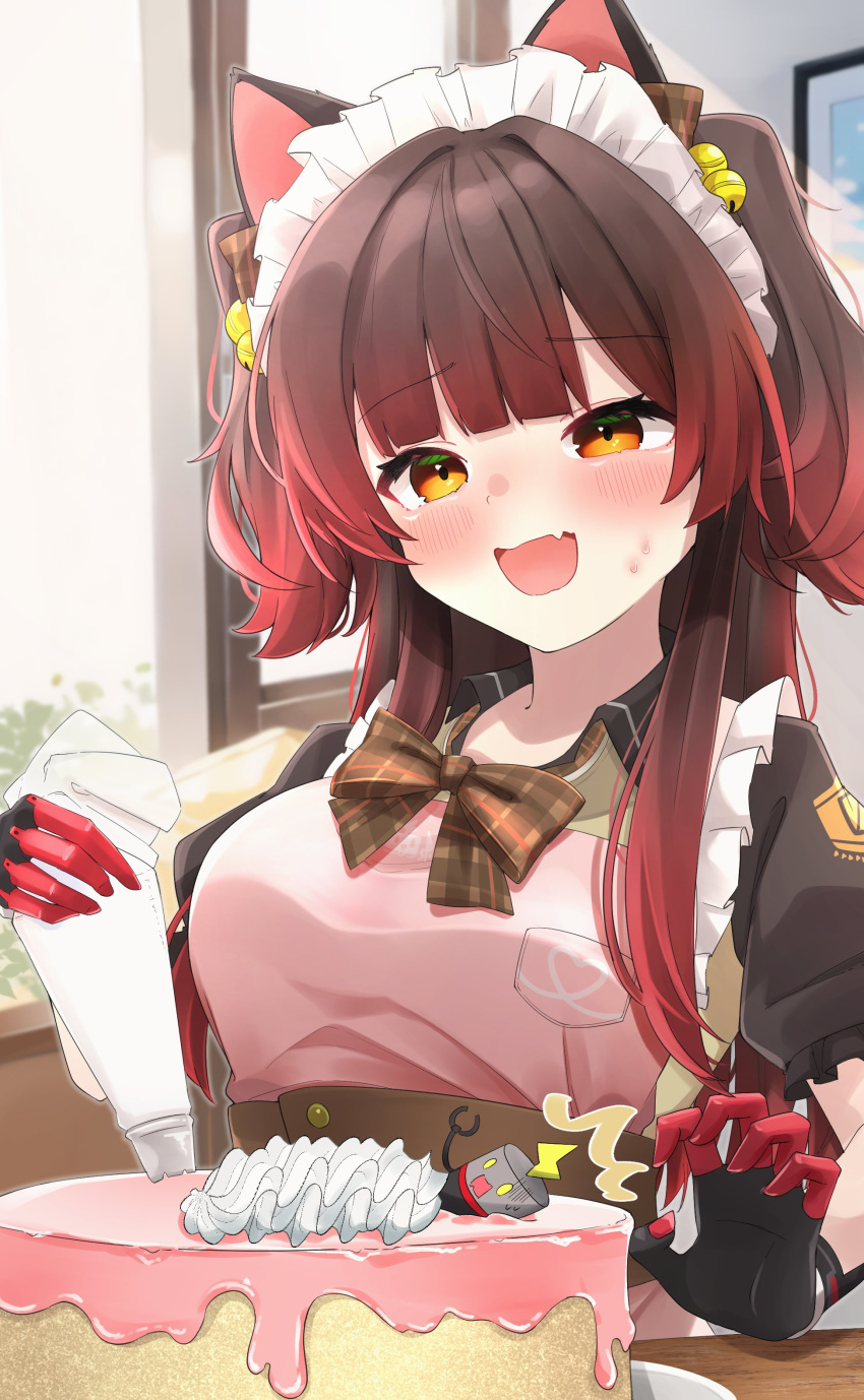 1girl, :d, ^^^, absurdres, animal_ears, apron, bell, blush