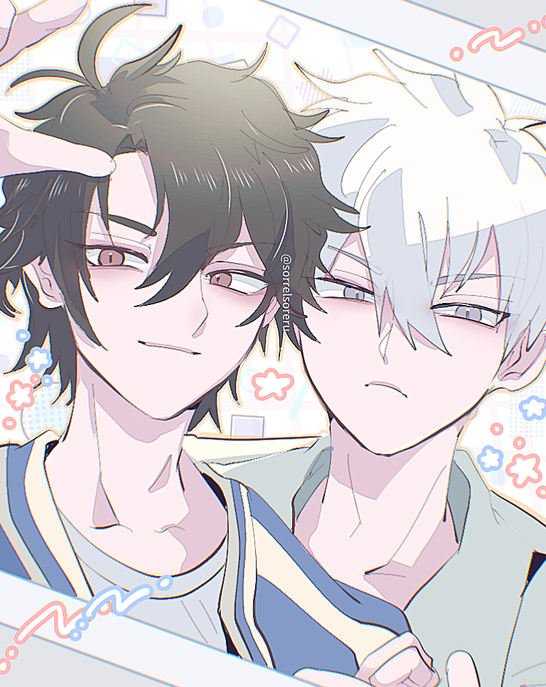 2boys, arm_up, artist_name, black_hair, blue_jacket, brown_eyes, cheng_xiaoshi, chromatic_aberration, closed_mouth, frown, grey_eyes, grey_shirt, hair_between_eyes, jacket, kirunix, looking_at_viewer, lu_guang, male_focus, multiple_boys, open_clothes, open_jacket, photo_(object), shiguang_dailiren, shirt, short_hair, smile, twitter_username, white_hair, white_shirt