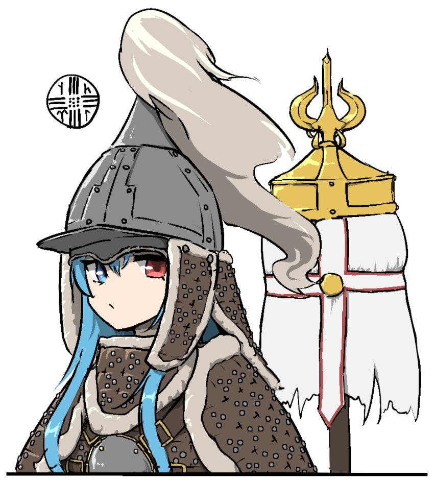 absurdres, allcy49, armor, banner, blue_eyes, blue_hair, helmet, heterochromia