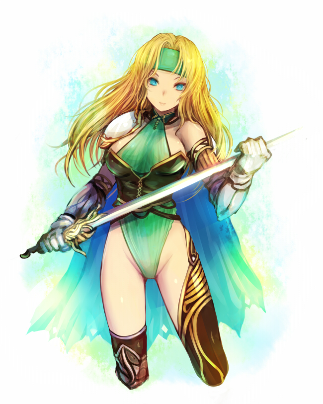 blonde_hair, blue_eyes, breasts, cape, celes_chere, color_(artist), cropped_legs, final_fantasy, final_fantasy_vi, headband, highleg, highleg_leotard, kara_(color), legs, leotard, long_hair, sideboob, smile, solo, sword, thigh-highs, thighhighs, thighs, weapon