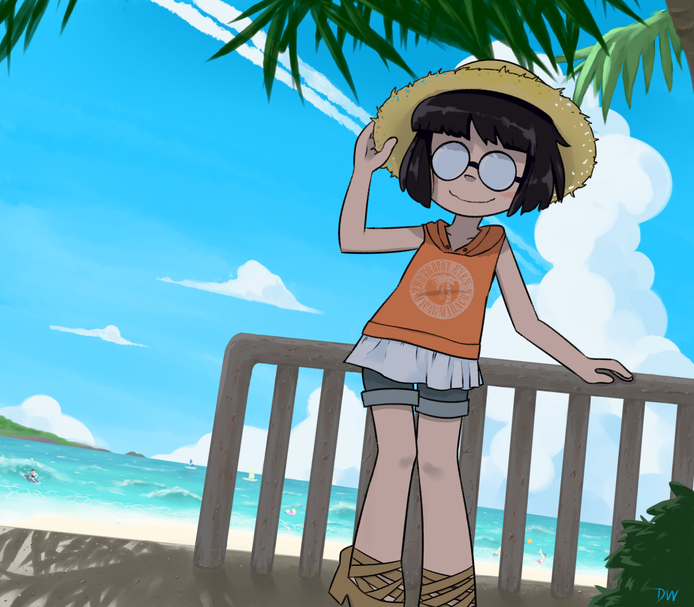 1girl, beach, black_hair, dishwasher9, glasses, hat, hood, hoodie