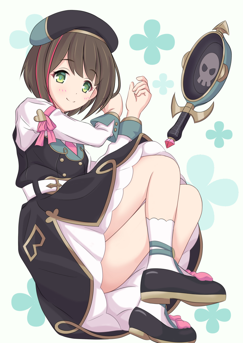 1girl, absurdres, belt, beret, black_dress, black_hat, black_shoes, bow