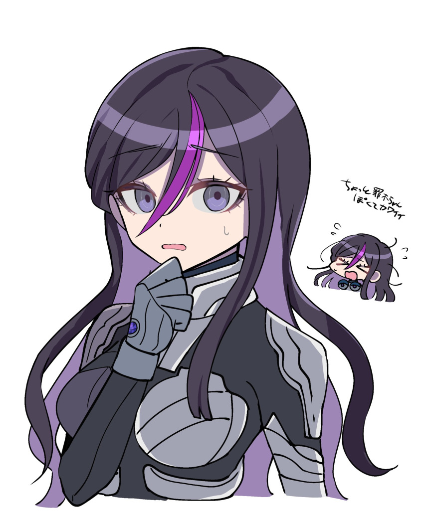 >_<, 1girl, black_bodysuit, black_hair, bodysuit, breasts, commentary_request, eva_(hundred_line)