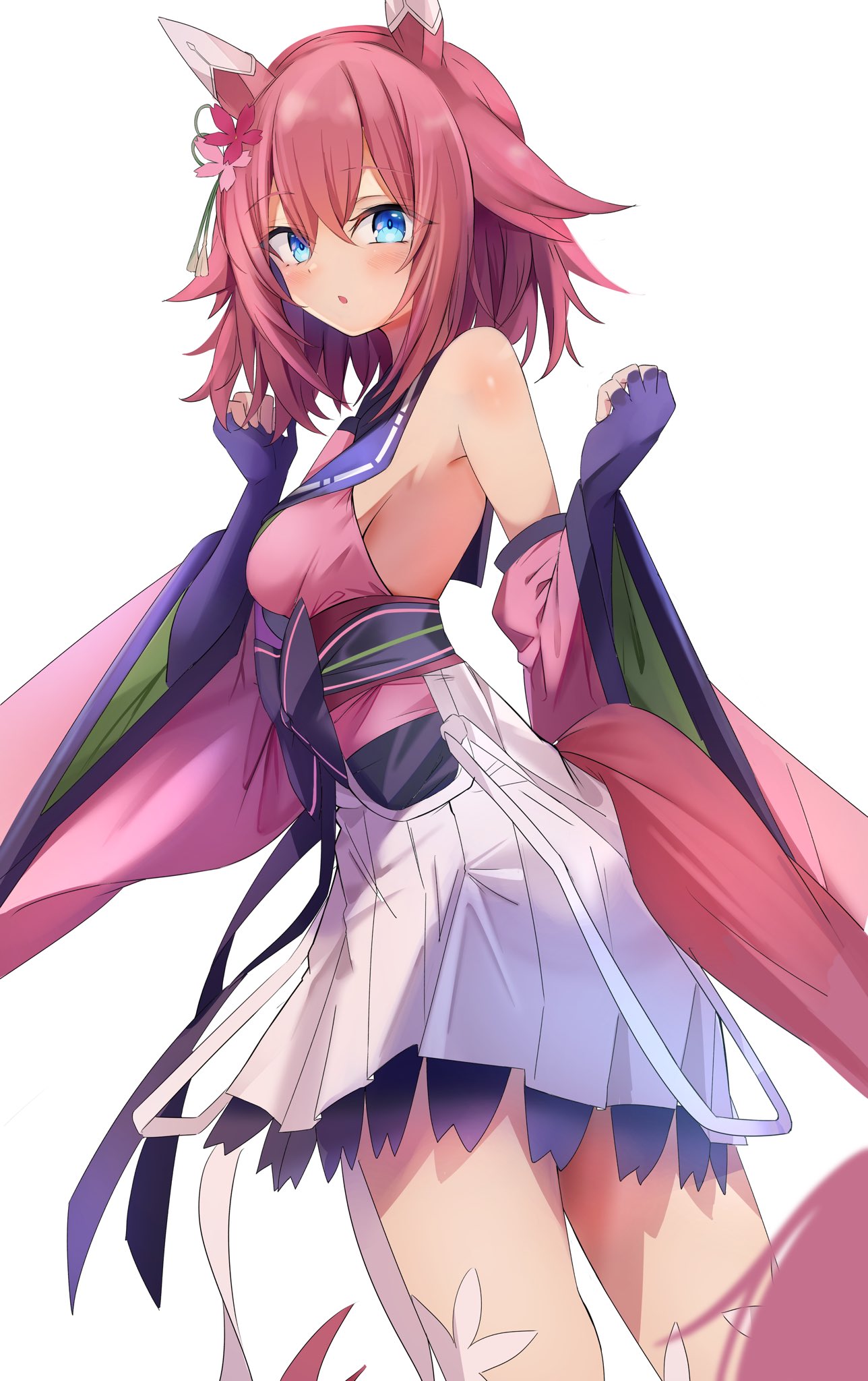 1girl, animal_ears, armpits, blue_eyes, blush, breasts, commentary_request, detached_sleeves