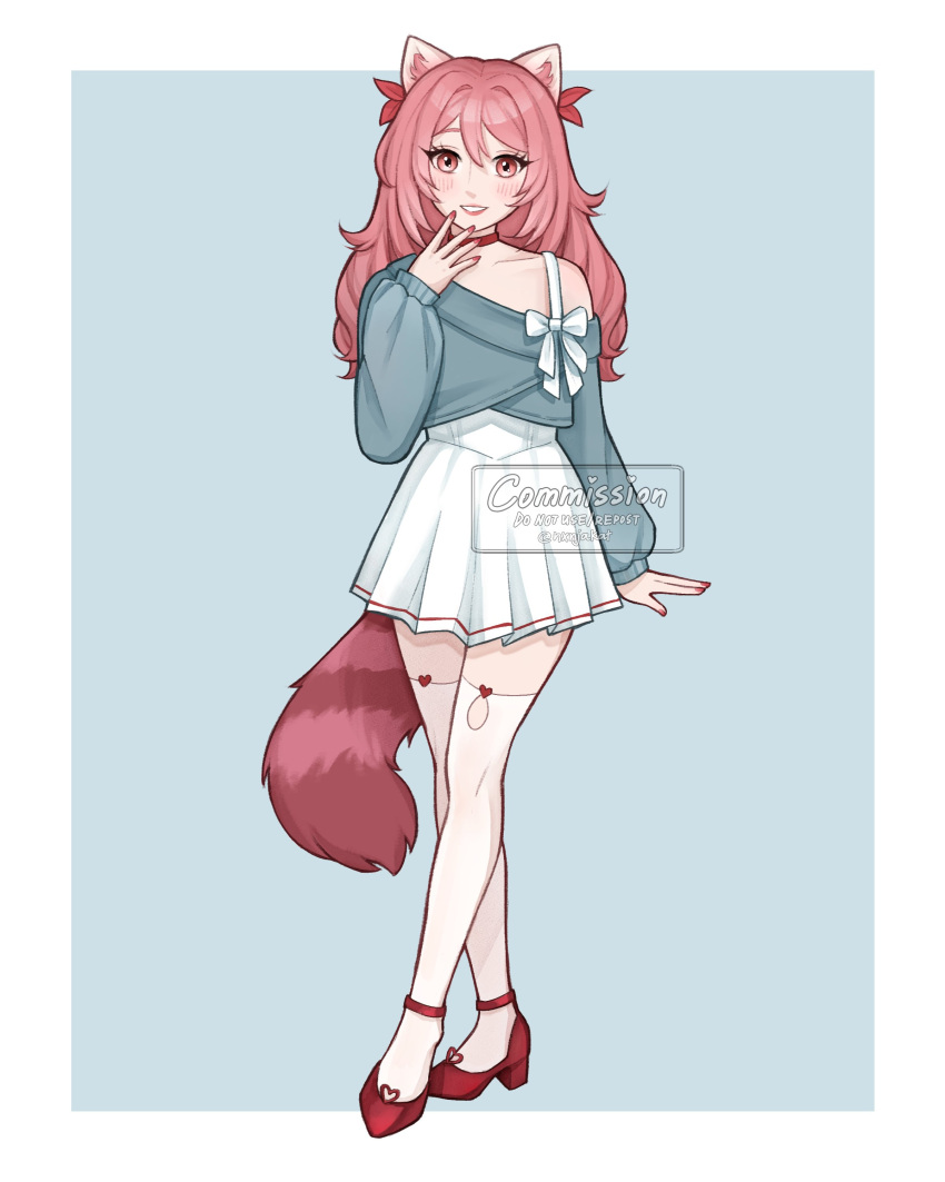 1girl, absurdres, animal_ears, blue_background, blue_sweater, border, bow, choker