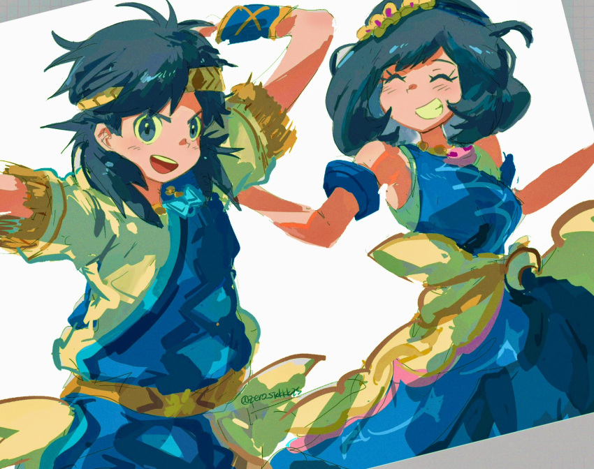 1boy, 1girl, belt, black_hair, bracelet, capelet, closed_eyes, dancing