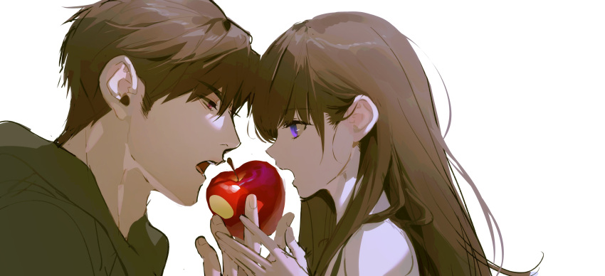 1boy, 1girl, absurdres, apple, beyondthespace, bitten_apple, black_hoodie, brown_hair, caleb_(love_and_deepspace), close-up, food, food_bite, from_side, fruit, highres, holding, holding_food, holding_fruit, hood, hoodie, long_hair, love_and_deepspace, open_mouth, protagonist_(love_and_deepspace), red_eyes, short_hair, simple_background, straight_hair, very_short_hair, violet_eyes, white_background