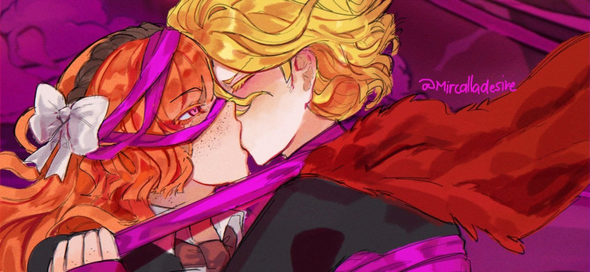 2girls, black_coat, blonde_hair, bow, brown_hairband, closed_eyes, coat, collared_shirt