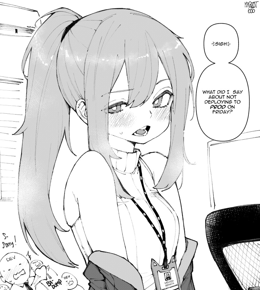 1girl, absurdres, blush, english_text, greyscale, highres, id_card, lanyard