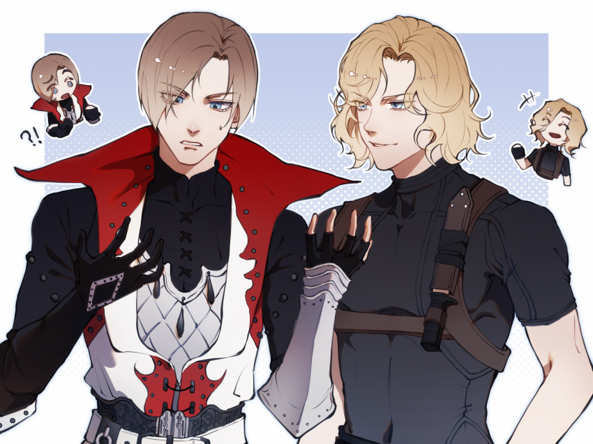 !?, 2boys, absurdres, armor, belt, black_gloves, black_shirt, blonde_hair