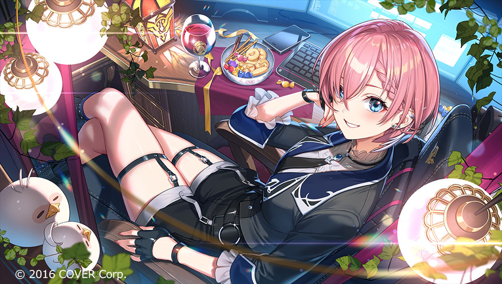 1girl, black_jacket, black_shorts, blue_eyes, braid, braided_bangs, cellphone, chair