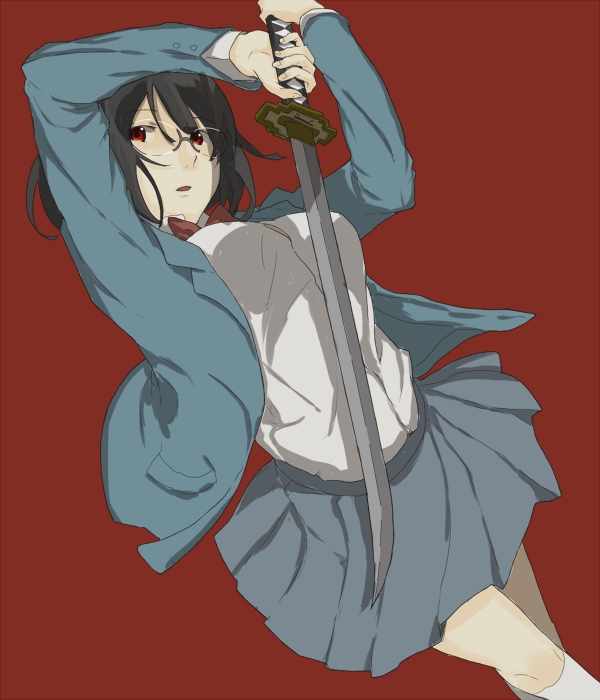 bob_cut, breasts, durarara!!, glasses, large_breasts, pleated_skirt, red_eyes, school_uniform, short_hair, skirt, solo, sonohara_anri, sword, urabe_(artist), weapon