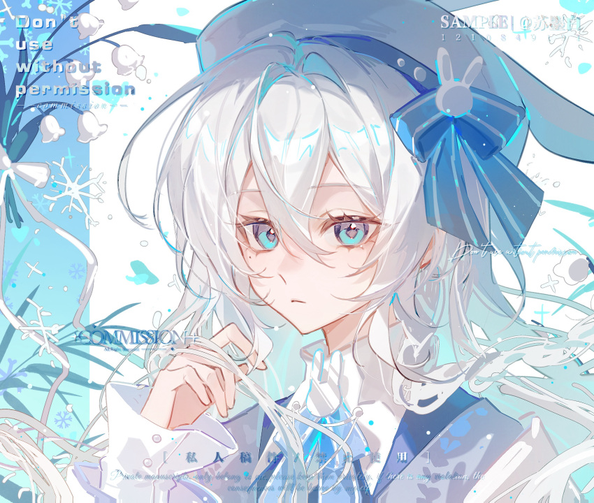 1girl, animal_ears, beret, blue_eyes, bow, closed_mouth, collared_shirt, eyelashes