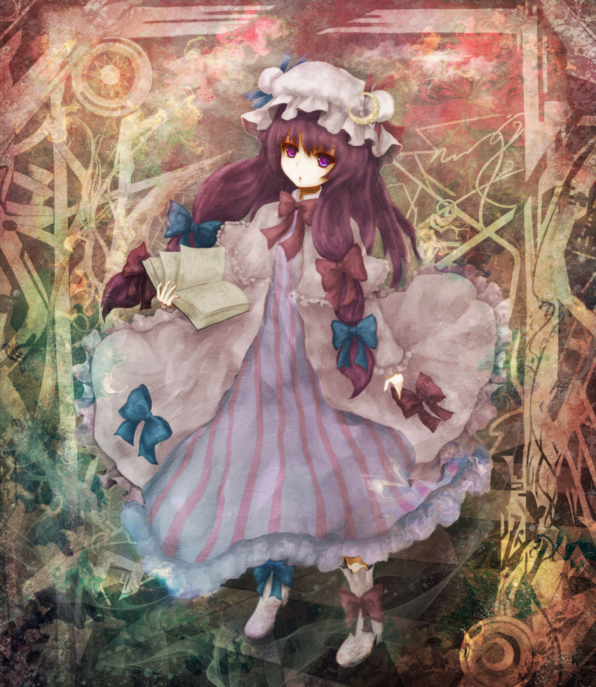 :o, blush, book, boots, bow, crescent, hair_bow, hat