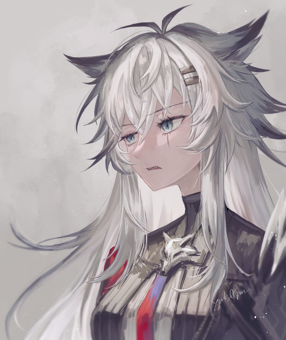 1girl, animal_ears, antenna_hair, arknights, badge, hair_ornament, hairclip, lappland_(arknights)