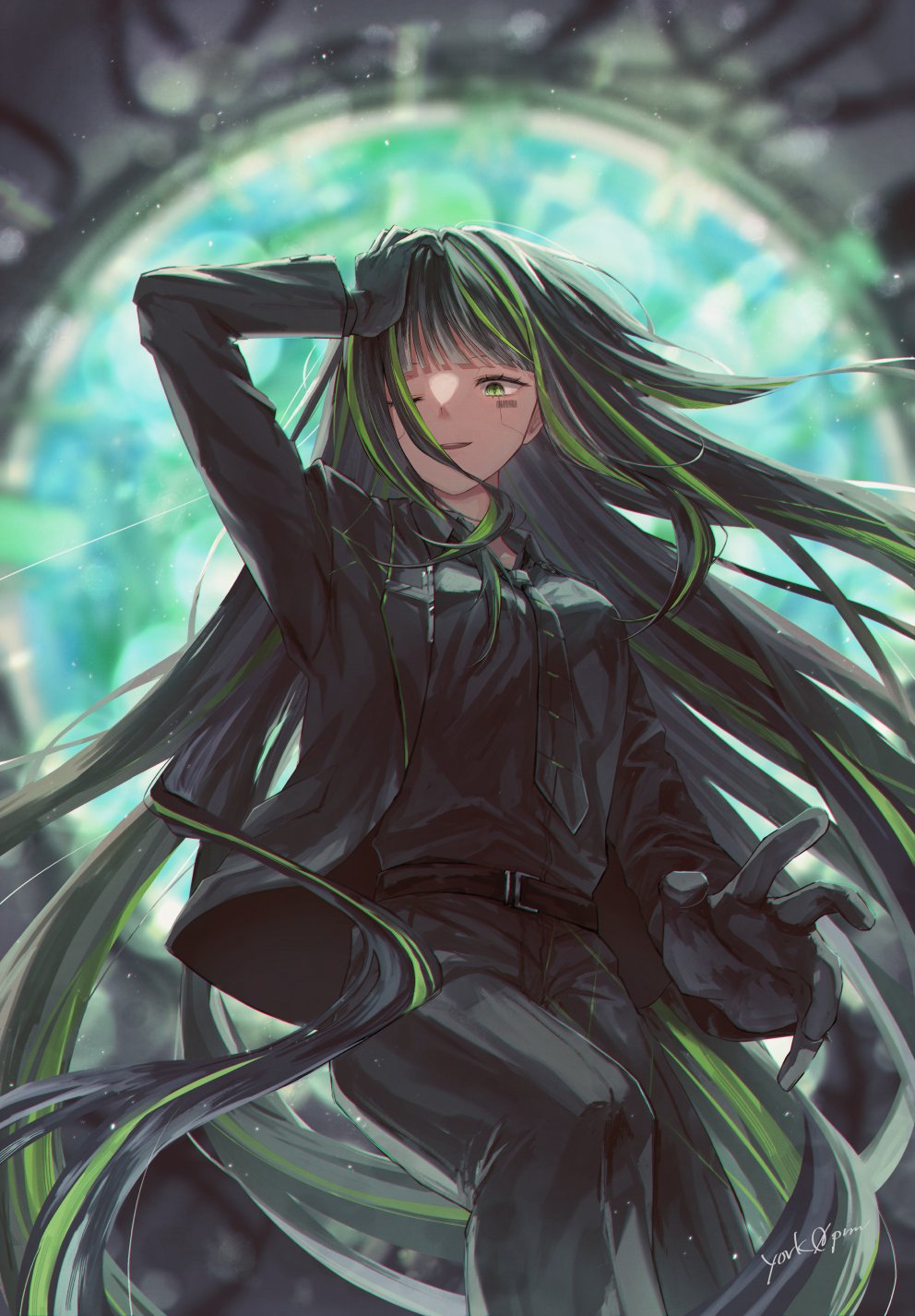 1girl, alfonso_(project_moon), arm_up, belt, black_belt, black_gloves, black_hair, black_necktie, black_pants, gloves, green_eyes, highres, light_particles, limbus_company, long_hair, long_sleeves, looking_at_viewer, multicolored_hair, necktie, open_mouth, pants, project_moon, smile, solo, streaked_hair, very_long_hair, york0pm