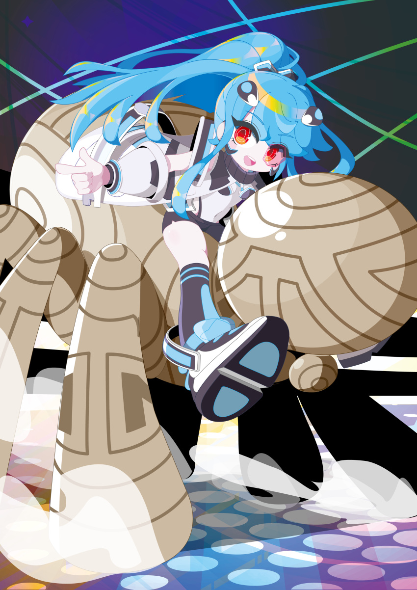 1girl, absurdres, argostars_-_glorious_adra, bare_shoulders, black_shorts, blonde_hair, blue_hair, duel_monster, high_ponytail, highres, leotard, long_hair, multicolored_hair, pointing, ponytail, red_eyes, riding, shorts, simple_background, solo, streaked_hair, two-tone_hair, white_background, white_leotard, yosu_(surume-ika), yu-gi-oh!