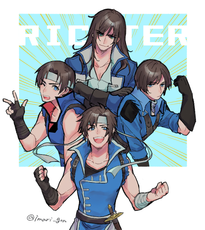 4boys, bandaged_arm, bandages, black_gloves, blue_coat, blue_eyes, brown_hair, castlevania:_dracula_x_chronicles