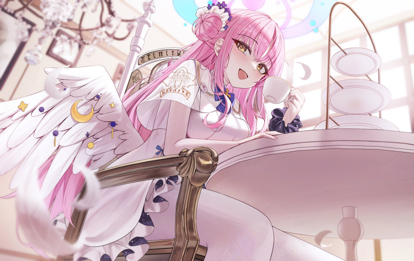 1girl, :d, absurdres, arch_a4, blue_archive, breasts, chair, chandelier, commentary, cup, dress, feathered_wings, hair_between_eyes, hair_bun, halo, highres, holding, holding_cup, indoors, long_hair, looking_at_viewer, low_wings, mika_(blue_archive), open_mouth, pantyhose, pink_hair, pink_halo, sitting, smile, solo, teacup, tiered_tray, very_long_hair, white_dress, white_pantyhose, white_wings, wings, yellow_eyes