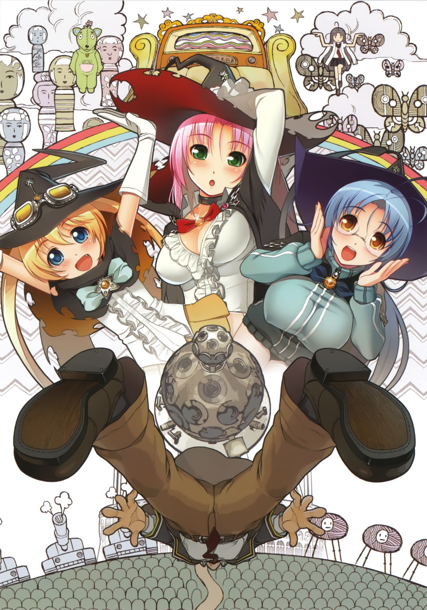 blonde_hair, blue_eyes, blush, breasts, cape, caterpillar_tracks, choker, foreshortening
