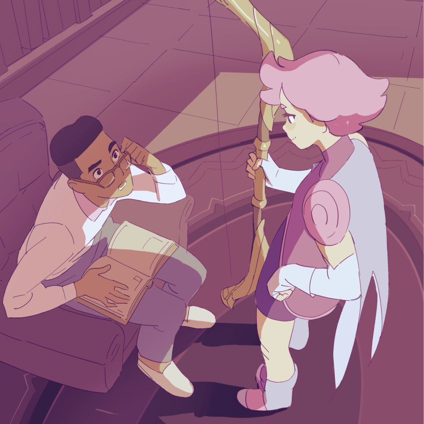 1boy, 1girl, 55bata6rou, adjusting_eyewear, armchair, black_hair, book, bow_(she-ra)