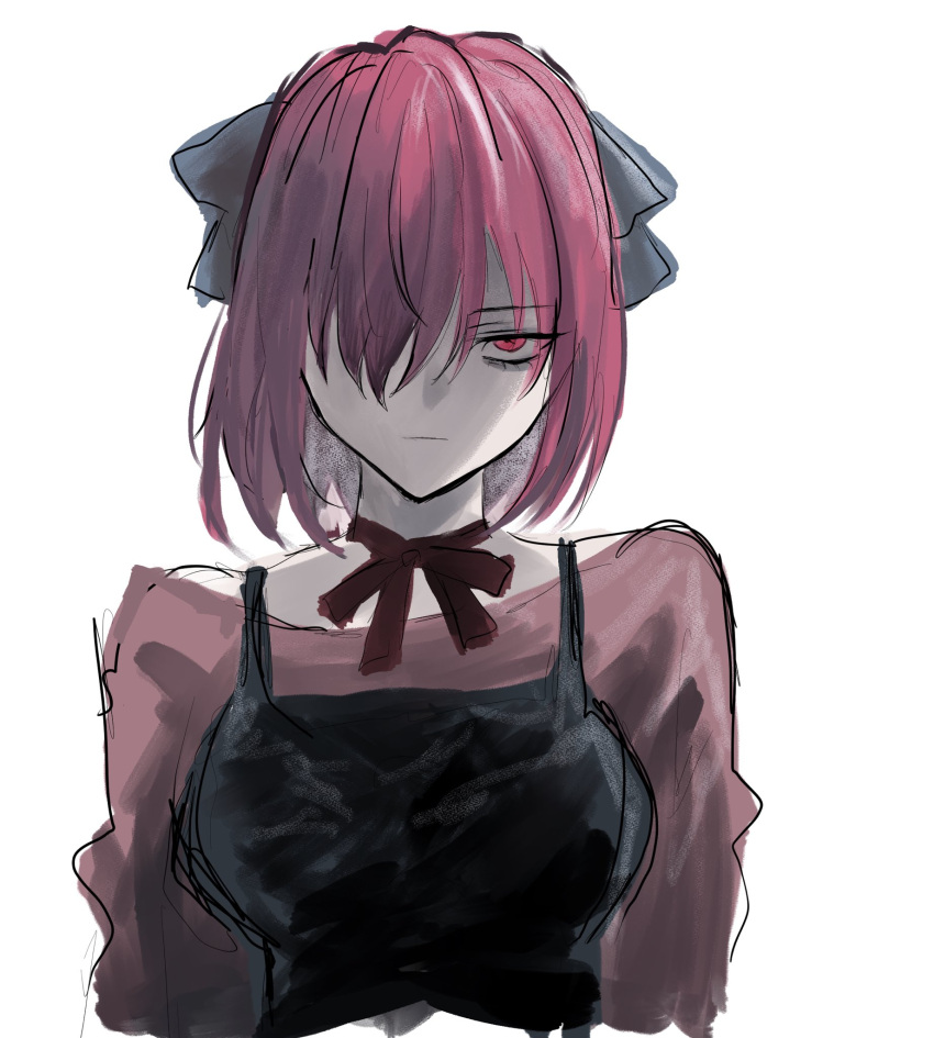 1girl, akai_ringo_(eveyuno), bags_under_eyes, black_bow, black_dress, blue_ribbon, bow, breasts