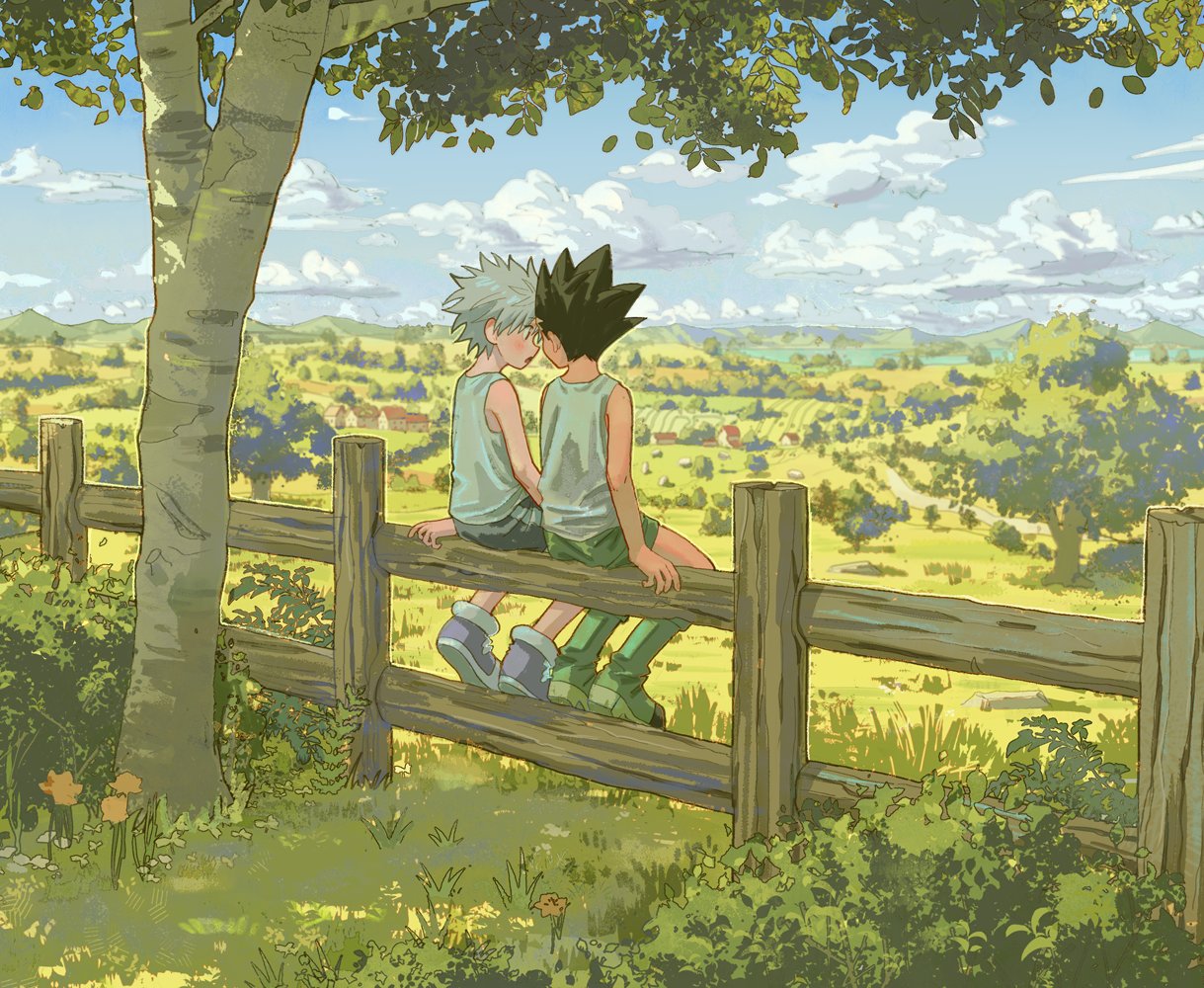 2boys, black_hair, black_shorts, blue_sky, blush, boots, bush, clouds