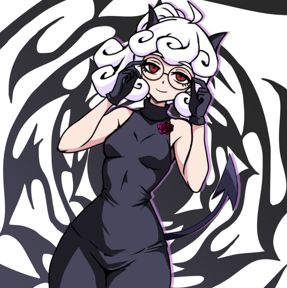 1girl, adjusting_eyewear, alternate_costume, bare_shoulders, black_dress, black_gloves, black_horns, black_skirt, black_tail, breasts, curly_hair, demon_girl, demon_horns, dress, flower, flower_in_clothes, fujita_yoshinobu_(ksk_oda), gloves, helltaker, horns, long_sleeves, looking_at_viewer, pandemonica_(helltaker), red_eyes, red_flower, red_rose, red_shirt, rose, round_eyewear, shirt, skirt, slit_pupils, smile, solo, white_hair