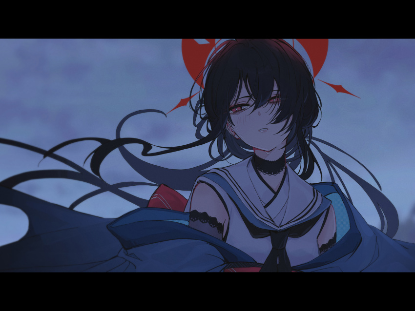 1girl, black_choker, black_hair, black_neckerchief, blue_archive, blue_kimono, choker, closed_mouth
