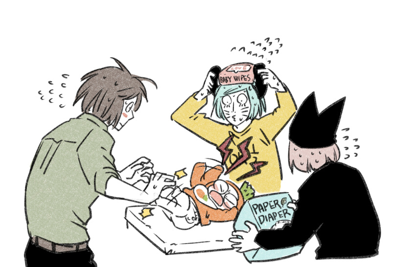 4boys, aged_down, animal_ears, animal_hat, baby, blue_hair, brown_hair, carrot_costume