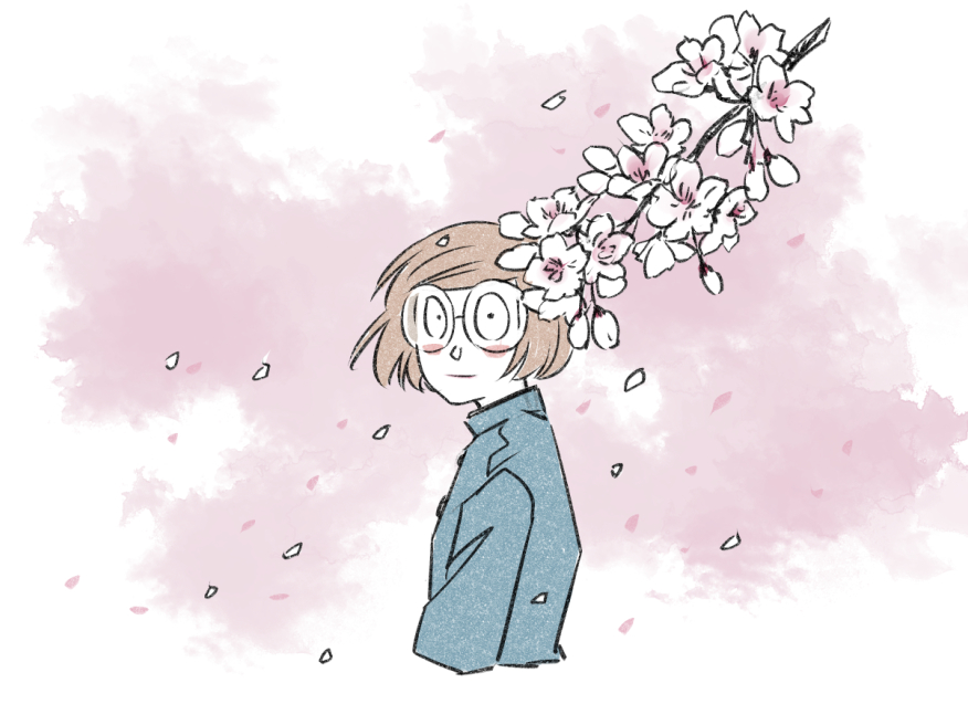 1boy, aged_down, brown_hair, cherry_blossoms, commentary_request, cropped_torso, dream_luther, falling_petals