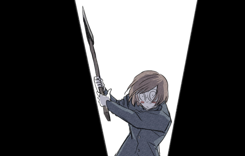 1boy, aged_down, axe, brown_hair, commentary_request, dream_luther, gakuran, glasses