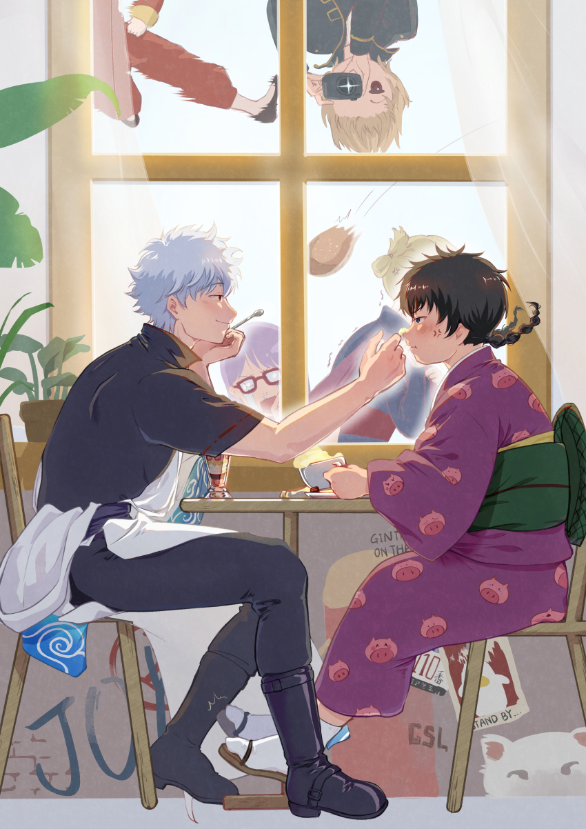 2boys, 4girls, absurdres, black_boots, black_hair, black_pants, black_shirt, black_shoes
