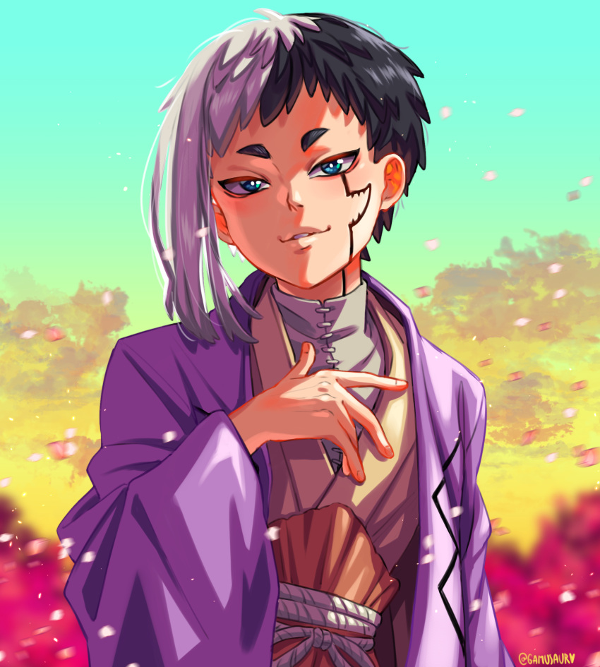 1boy, asagiri_gen, asymmetrical_hair, black_hair, blue_eyes, brown_kimono, dr._stone, facial_mark