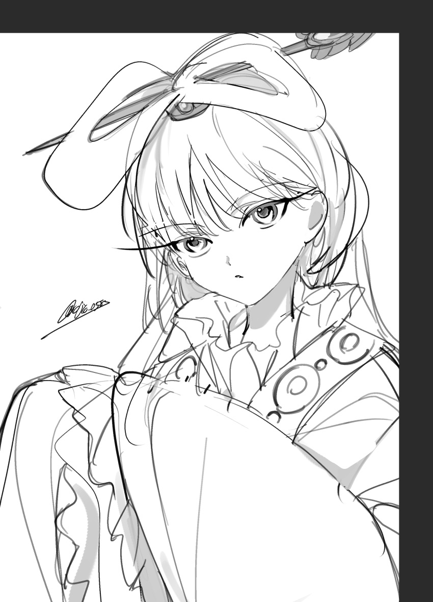 1girl, absurdres, chinese_clothes, chinese_hairpin, feixianji_(hairstyle), greyscale, hair_ornament, hair_rings, hanfu, highres, long_hair, looking_at_viewer, magi_the_labyrinth_of_magic, monochrome, ojyo_058, ren_kougyoku, simple_background, solo, split_ponytail, upper_body, white_background