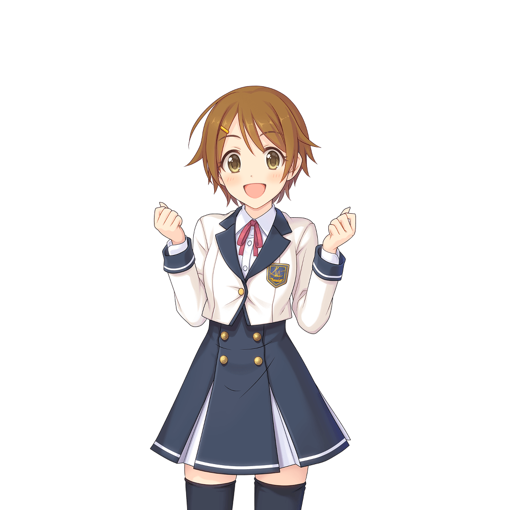 1girl, black_thighhighs, blazer, breasts, brown_eyes, brown_hair, clenched_hands, cowboy_shot