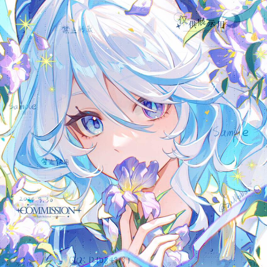 1girl, blue_eyes, blue_flower, blue_hair, covered_mouth, flower, furina_(genshin_impact), genshin_impact