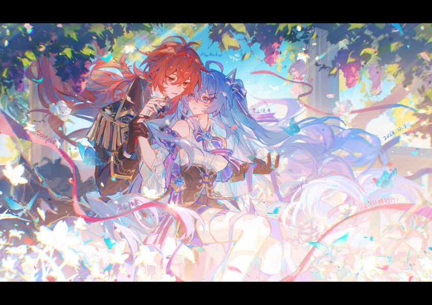 1boy, 1girl, absurdres, ahoge, bare_shoulders, blue_eyes, blue_hair, bow