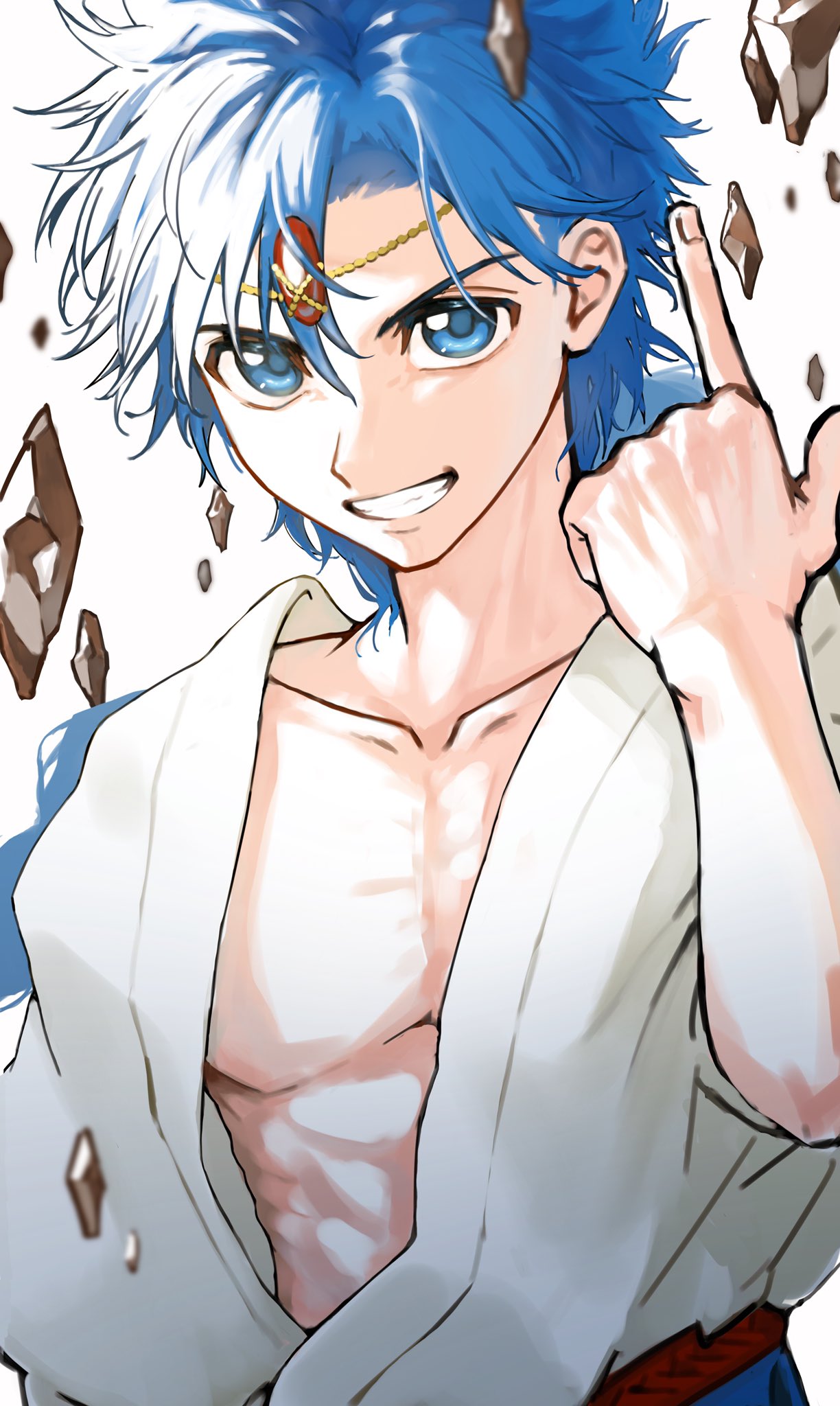 1boy, aladdin_(magi), arabian_clothes, blue_eyes, blue_hair, floating_rock, head_chain, highres, jewelry, long_hair, looking_at_viewer, magi_the_labyrinth_of_magic, male_focus, open_mouth, pectorals, pointing, sanmenkyou, smile, solo, upper_body, white_background