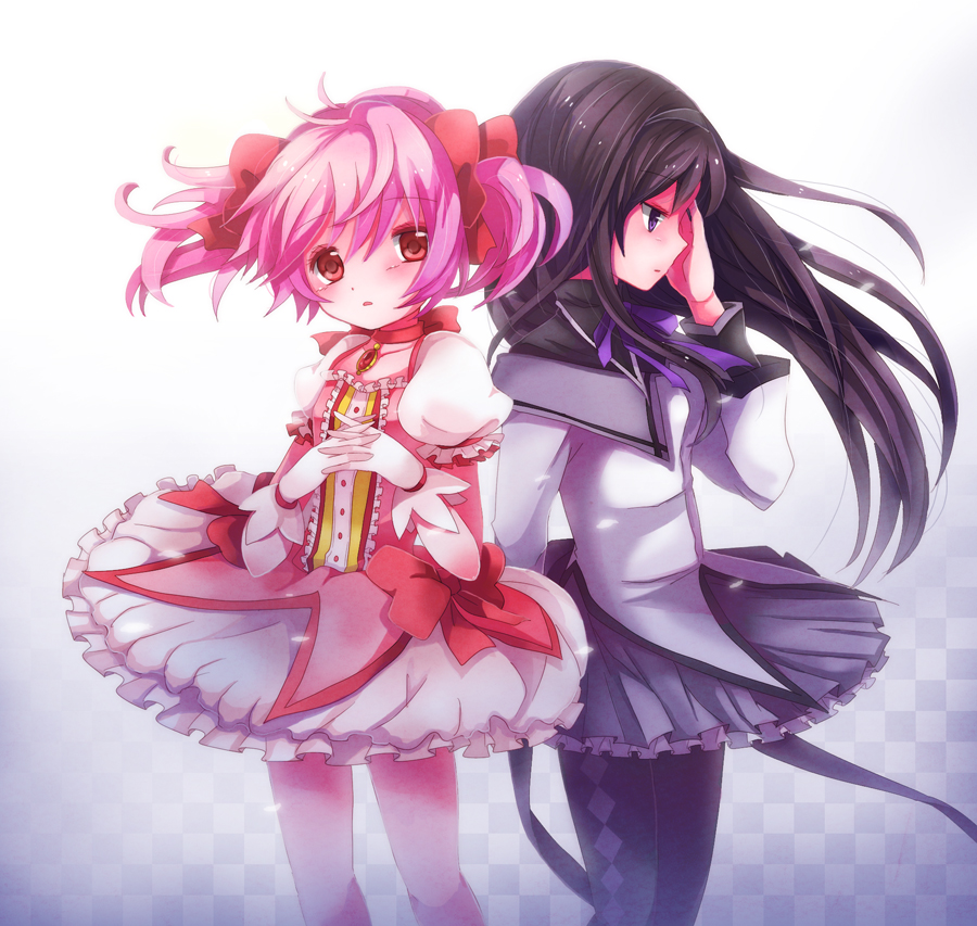 akemi_homura, black_hair, black_legwear, bubble_skirt, choker, dress, efu, gloves, hairband, hands_clasped, kaname_madoka, long_hair, magical_girl, mahou_shoujo_madoka_magica, multiple_girls, pantyhose, pink_eyes, pink_hair, puffy_sleeves, purple_eyes, ribbon, short_hair, short_twintails, soul_gem, twintails