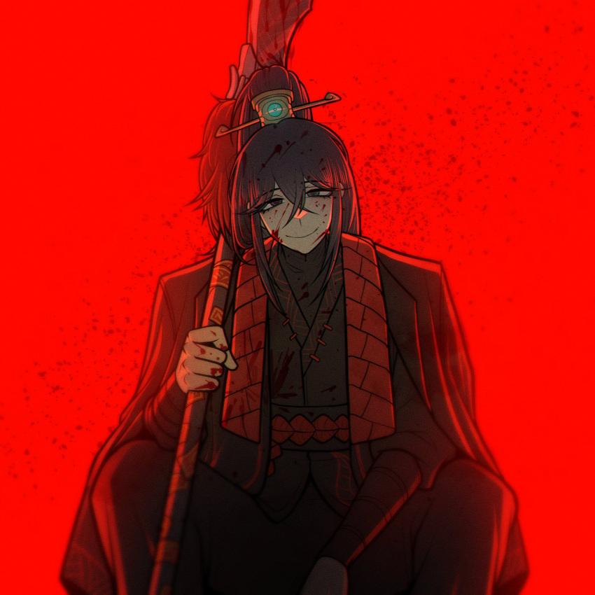 1boy, backlighting, black_coat, black_hair, black_robe, blood, blood_on_face, closed_mouth, coat, cosplay, guan_dao, half_updo, highres, holding, holding_polearm, holding_weapon, hong_lu_(project_moon), jia_qiu_(project_moon), jia_qiu_(project_moon)_(cosplay), limbus_company, long_hair, looking_at_viewer, male_focus, misg1111, ofuda, polearm, project_moon, red_background, red_rope, robe, rope, simple_background, smile, solo, very_long_hair, weapon, wrist_wrap