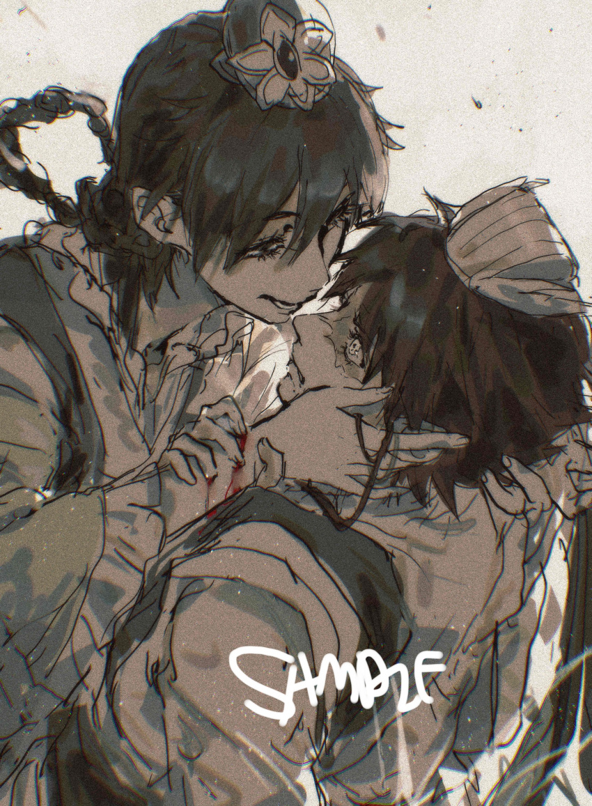 1boy, 1girl, absurdres, blood, braid, braided_hair_rings, caihongsedejiaoshousama, chinese_clothes