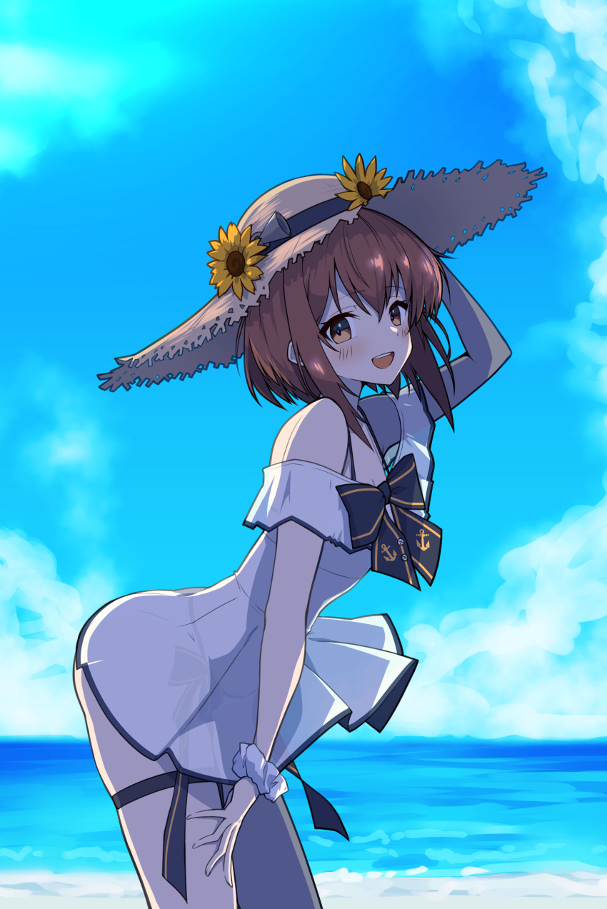 1girl, absurdres, beach, blue_sky, breasts, brown_eyes, brown_hair, day