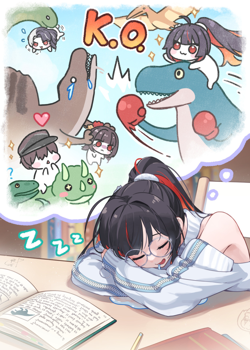1boy, 3girls, aeon_ion, arms_on_table, black_hair, black_hat, boxing_gloves, closed_eyes