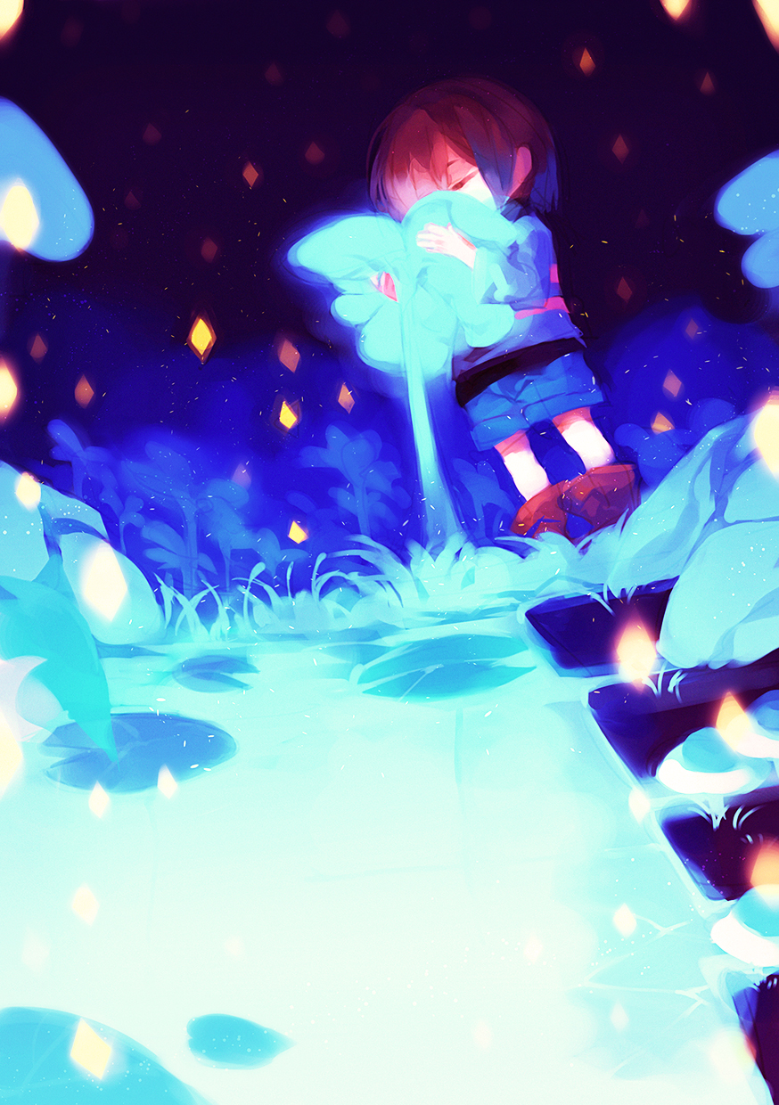 1other, blue_flower, blue_shirt, blue_shorts, boots, brown_boots, brown_hair, child