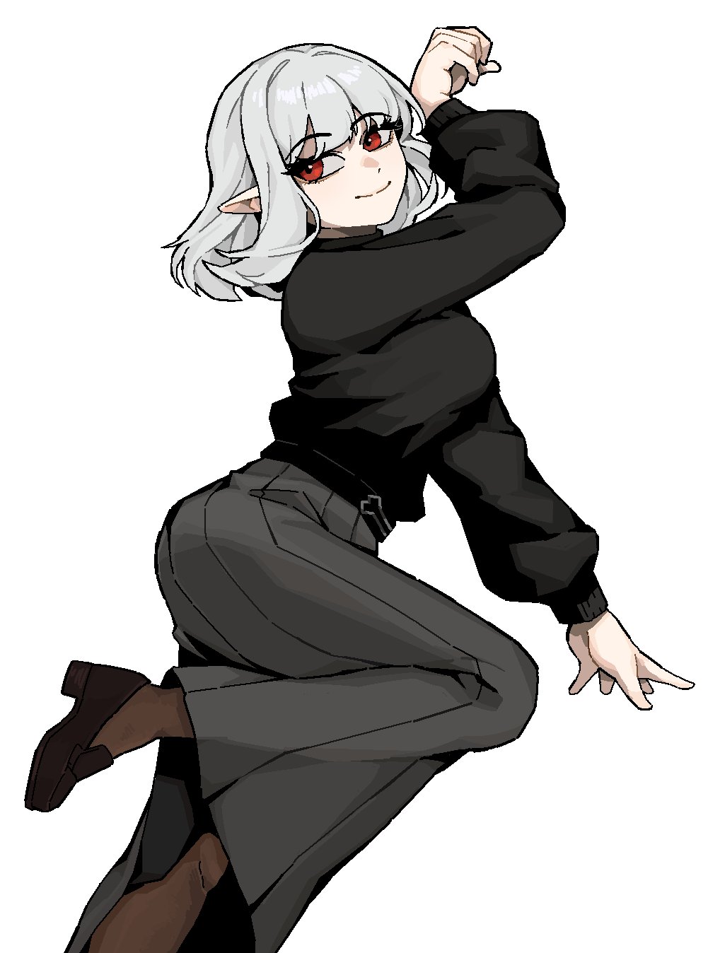 1girl, arm_up, artsnaoto, black_shoes, black_skirt, black_sweater, borrowed_character, closed_mouth, commentary, english_commentary, grey_hair, highres, leg_up, looking_at_viewer, medium_hair, original, pointy_ears, red_eyes, shoes, simple_background, skirt, smile, solo, sweater, vampire's_sister_(gogalking), white_background