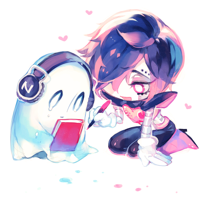 1boy, :d, android, arm_support, black_hair, black_pants, book, boots, chibi, chibi_only, commentary_request, cousins, english_commentary, fewer_digits, full_body, ghost, gloves, hair_over_one_eye, headphones, heart, holding, holding_book, holding_pen, knee_boots, looking_at_object, mechanical_arms, mettaton, mettaton_ex, mii_(chibinomi), mixed-language_commentary, napstablook, one_eye_covered, open_mouth, pants, pen, pink_boots, pink_eyes, short_hair, side-by-side, simple_background, sitting, smile, tearing_up, undertale, white_background, white_gloves