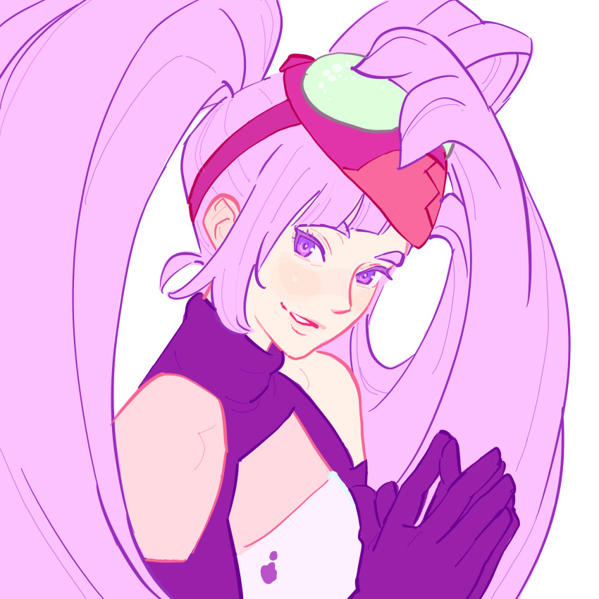 1girl, 55bata6rou, bare_shoulders, entrapta, goggles, goggles_on_head, hands_up, highres