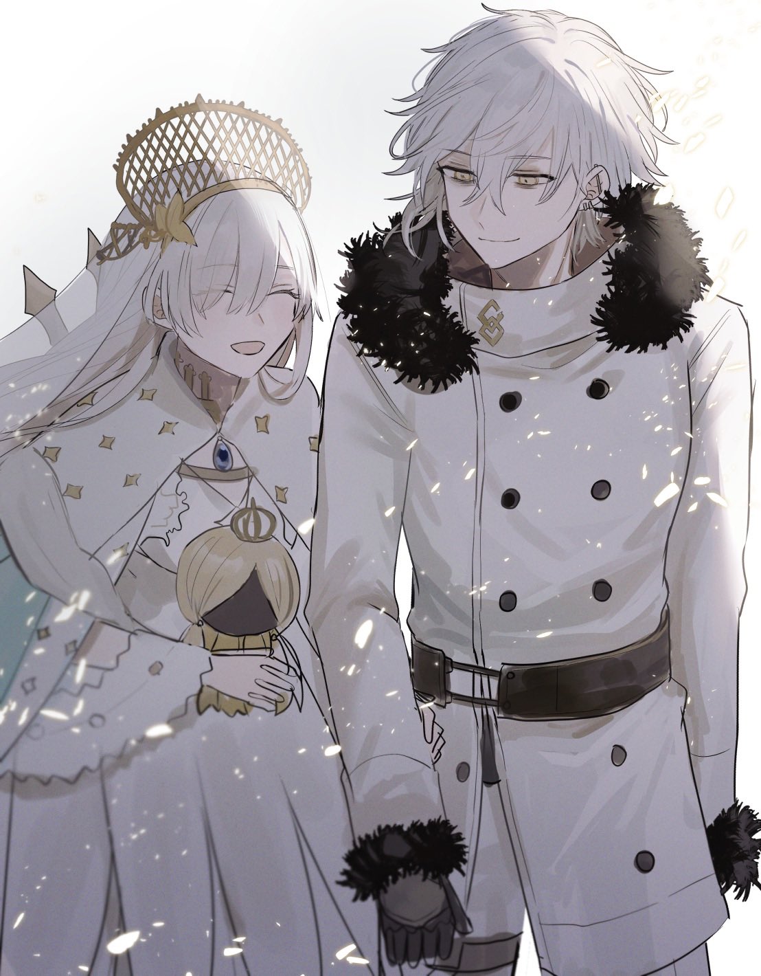 1boy, 1girl, anastasia_(fate), belt, black_belt, black_gloves, buttons, closed_eyes